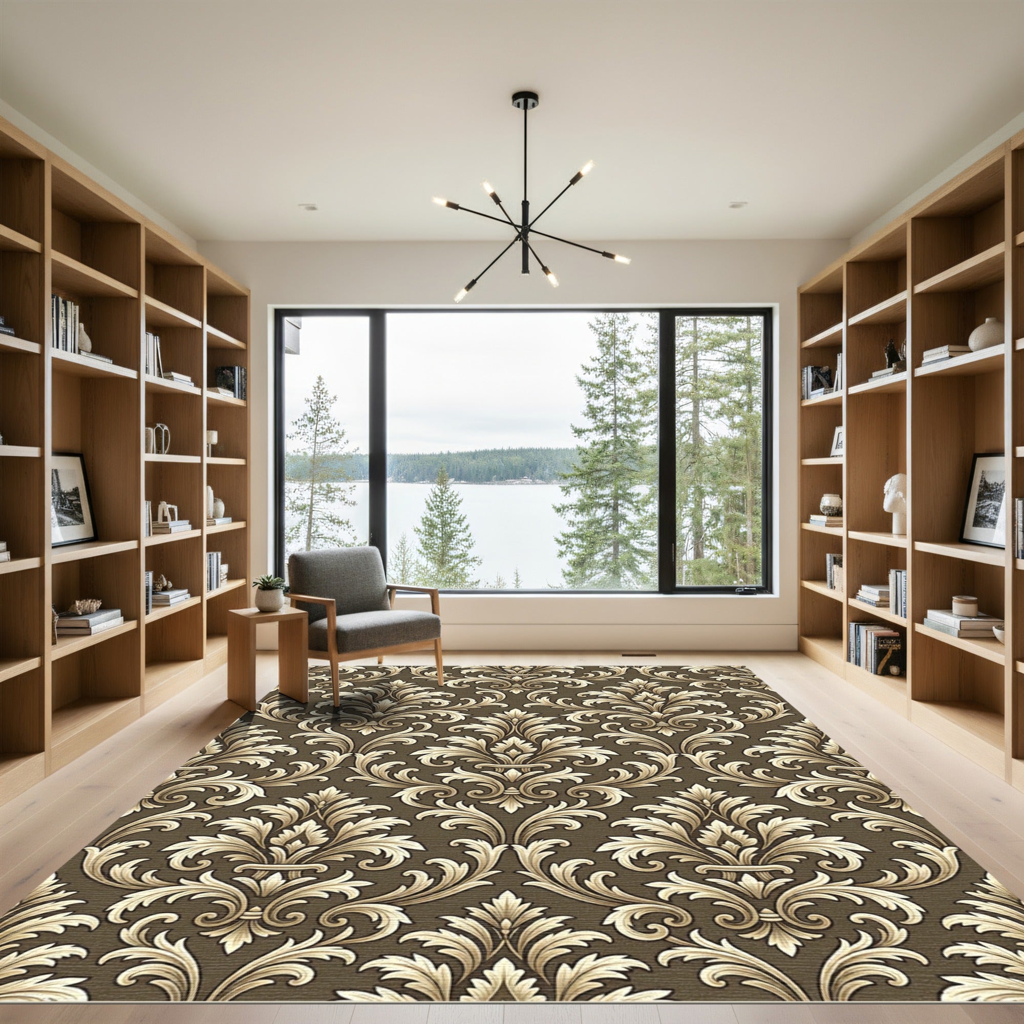 Elegant Gold Damask on Chocolate Brown Rug