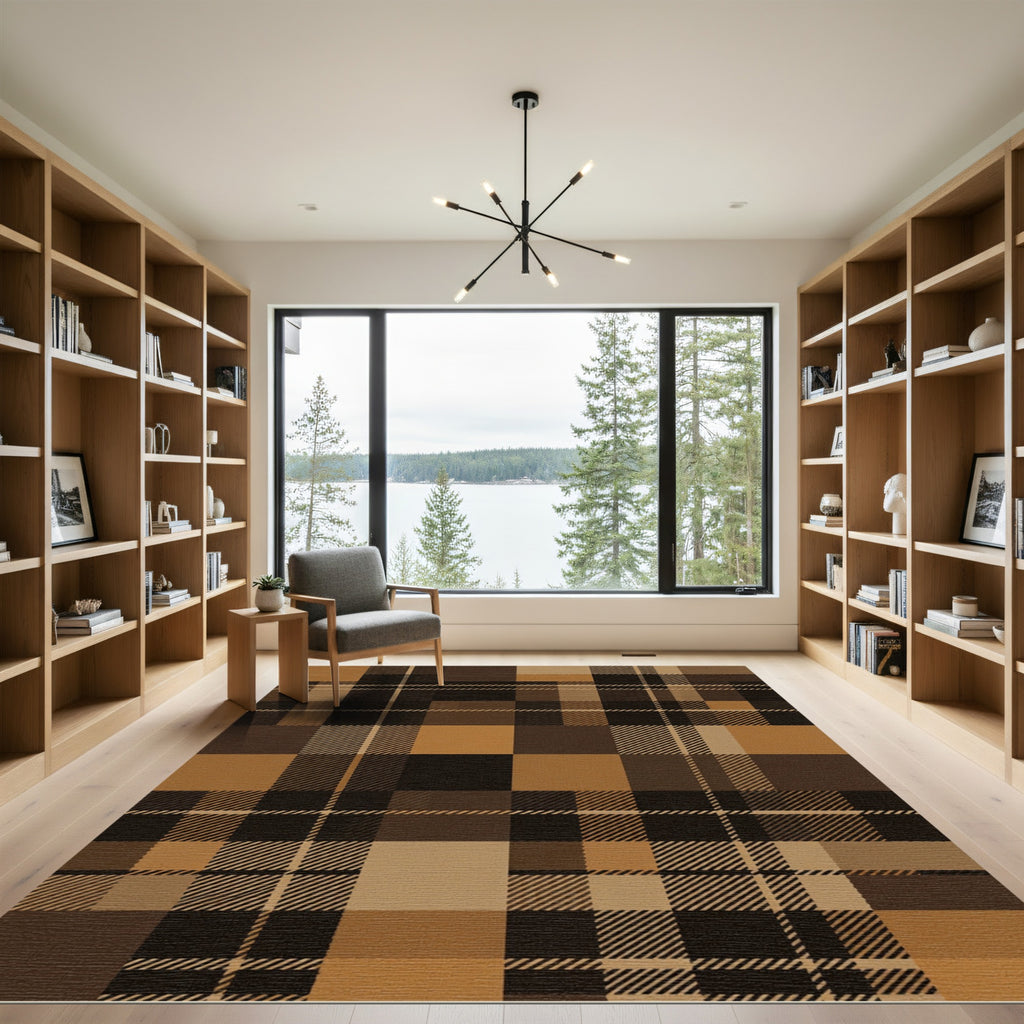 Modern Earthy Brown Checked Tartan Rug