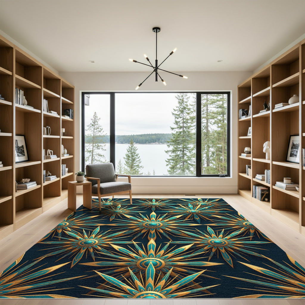 Teal Gold Starburst Art Deco Rug