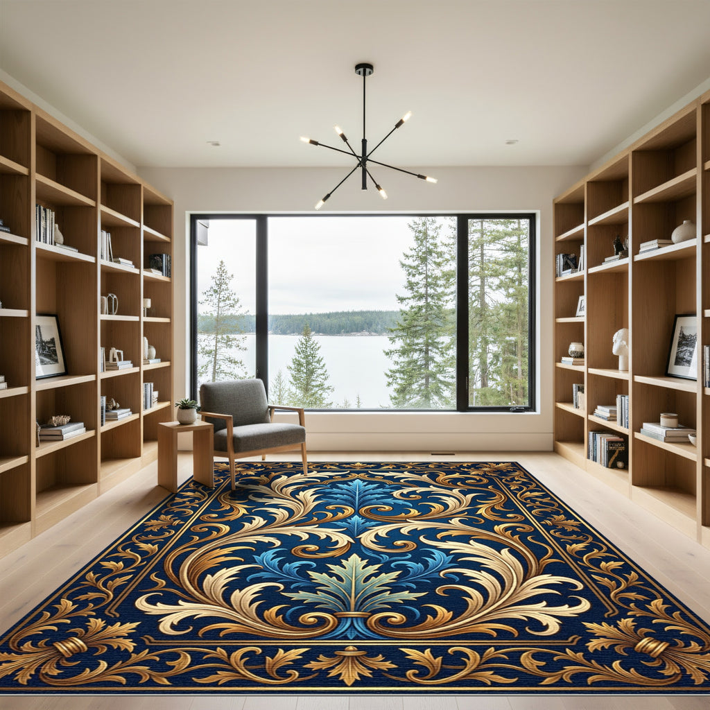 Royal Blue and Gold Scrolling Acanthus Rug