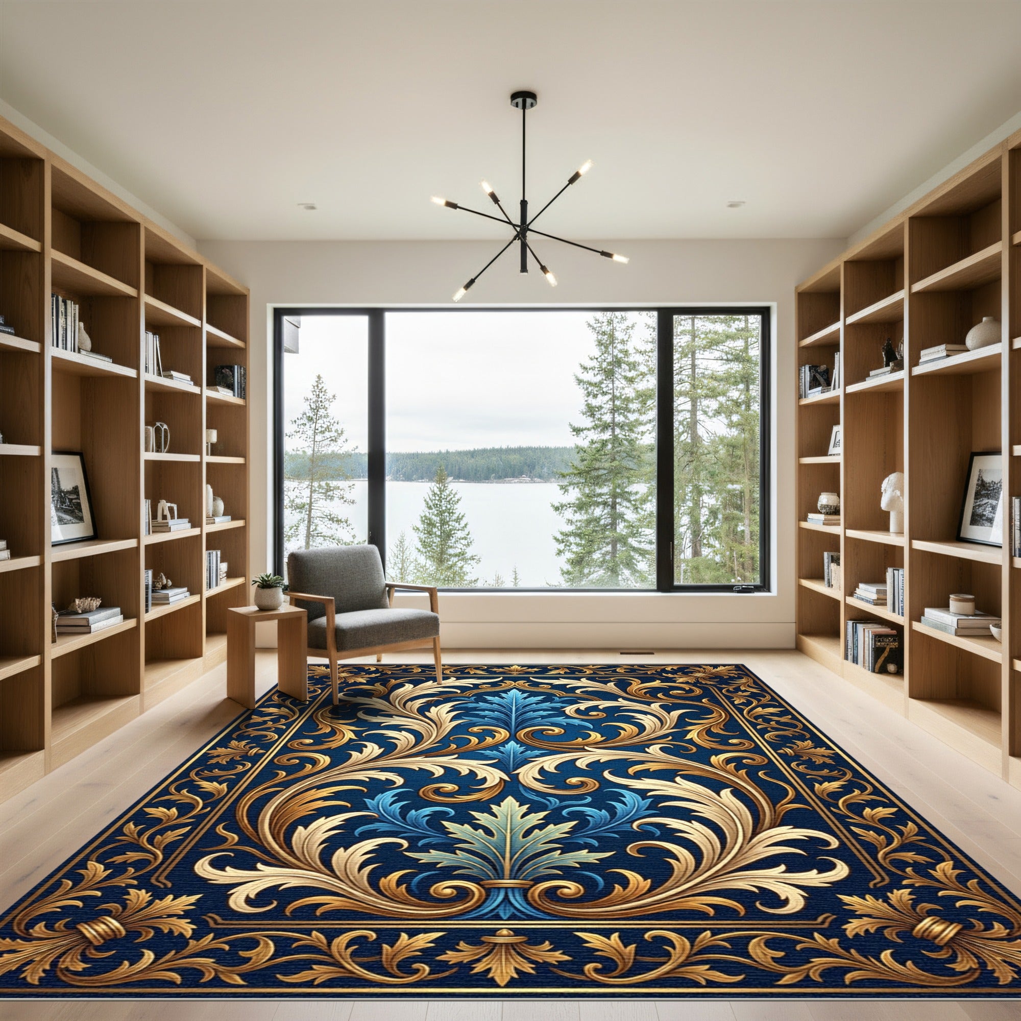 Royal Blue and Gold Scrolling Acanthus Rug