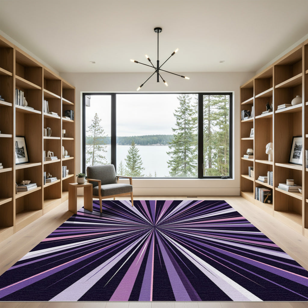 Cosmic Violet Radial Burst Linear Art Rug