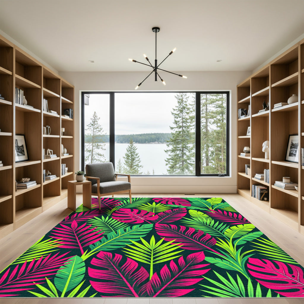 Vibrant Neon Tropical Palm Leaf Rug