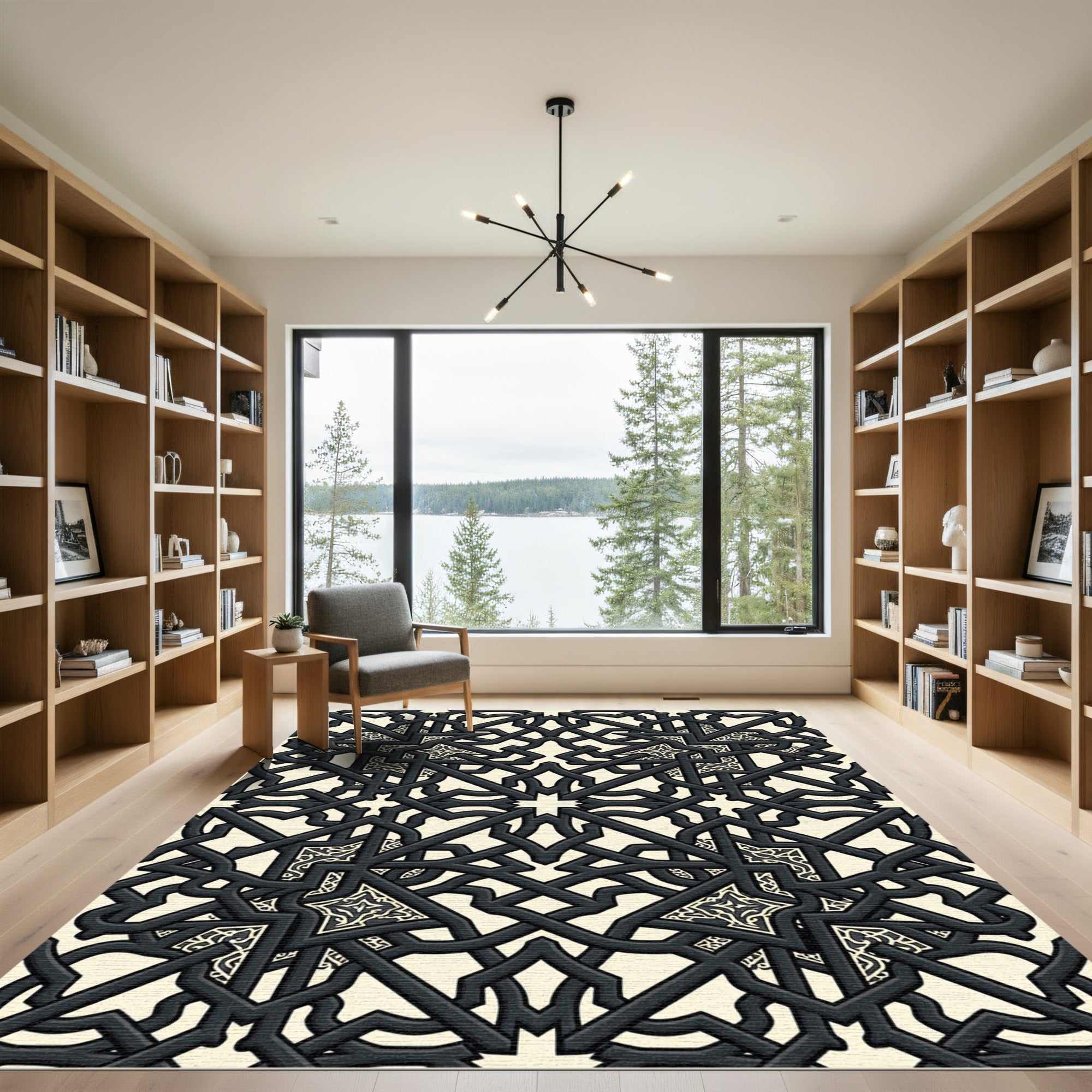 Intricate Black Ivory Geometric Star Rug