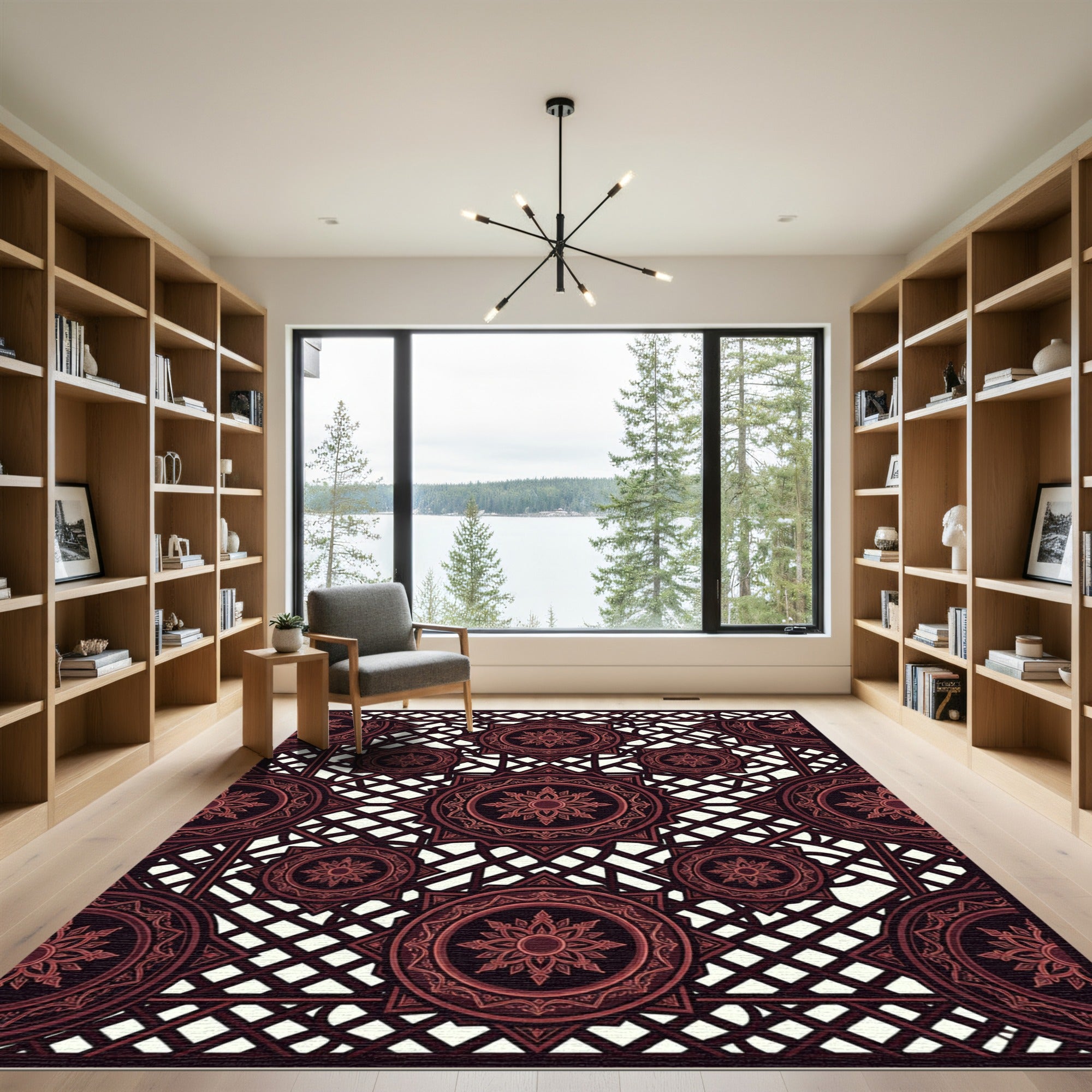 Dark Burgundy Ornate Geometric Medallion Lattice Rug
