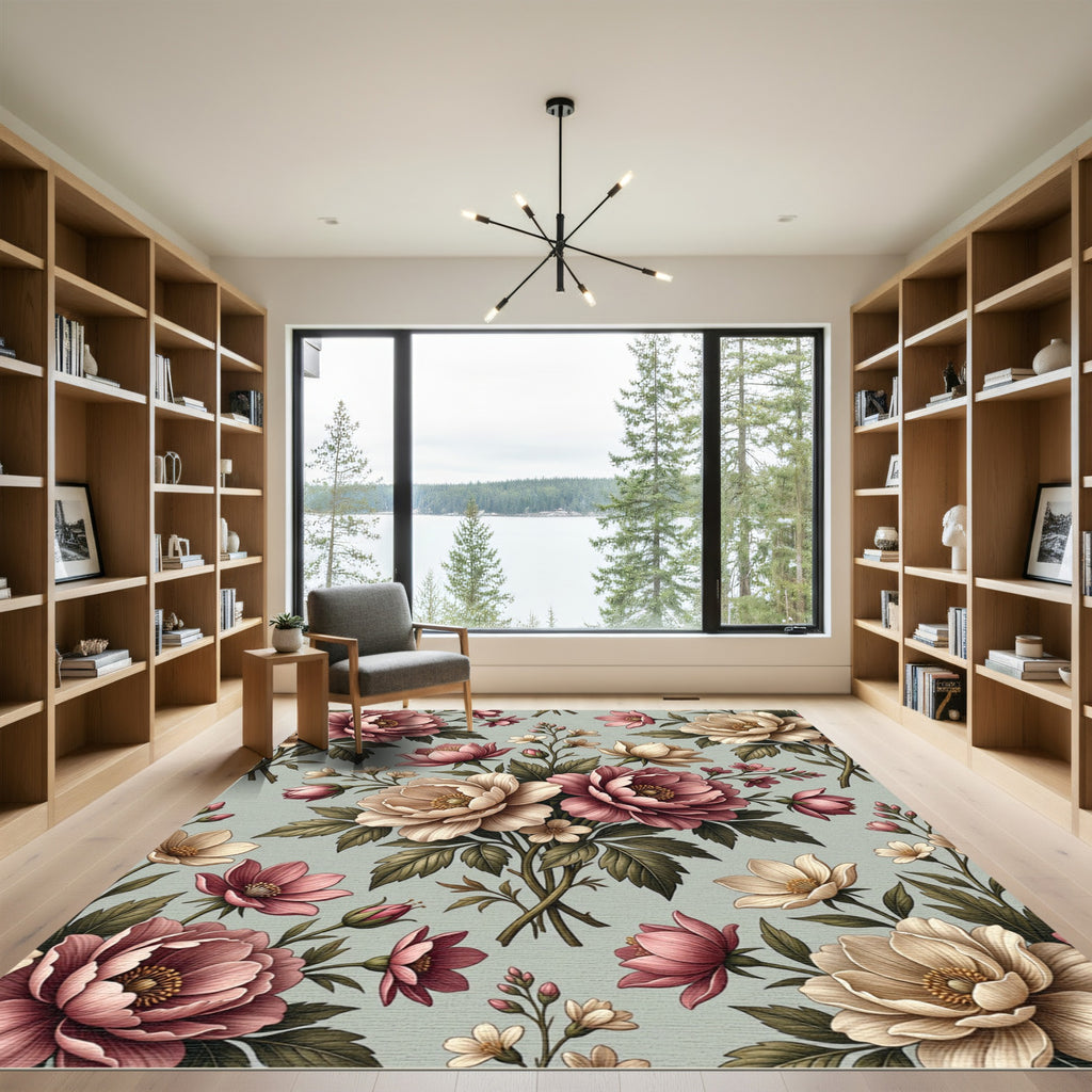 Blush and Cream Peony Botanical Bouquet Rug