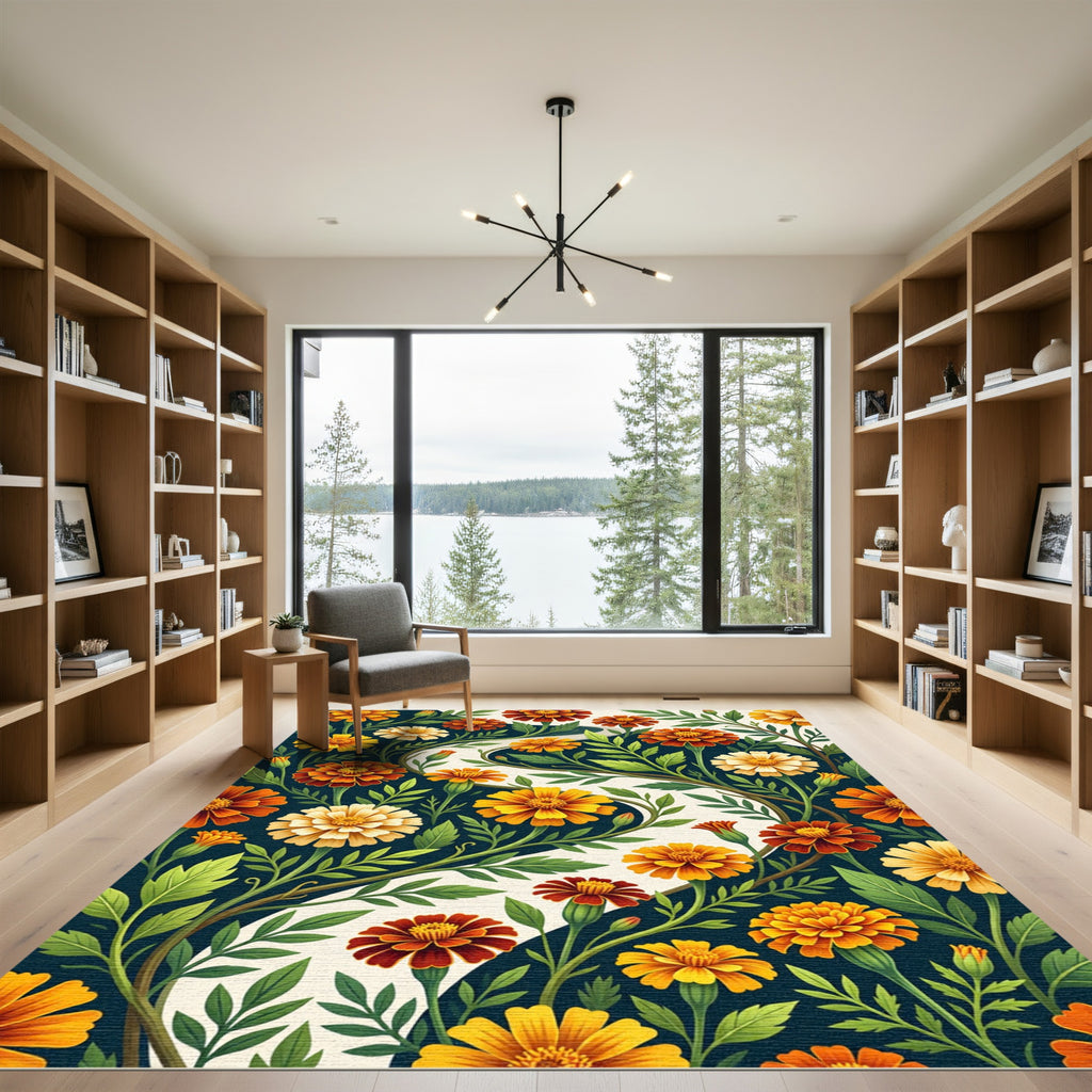Vibrant Marigold Floral S-Curve Winding Rug