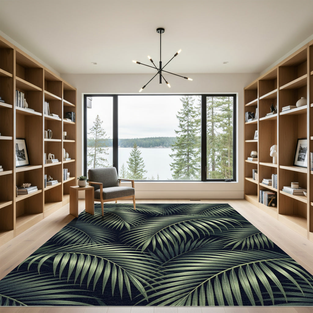 Dark Green Tropical Palm Leaves Rug