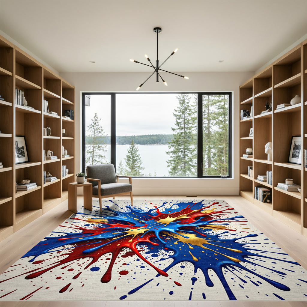 Vibrant Splash Red Blue Gold Splatter Rug