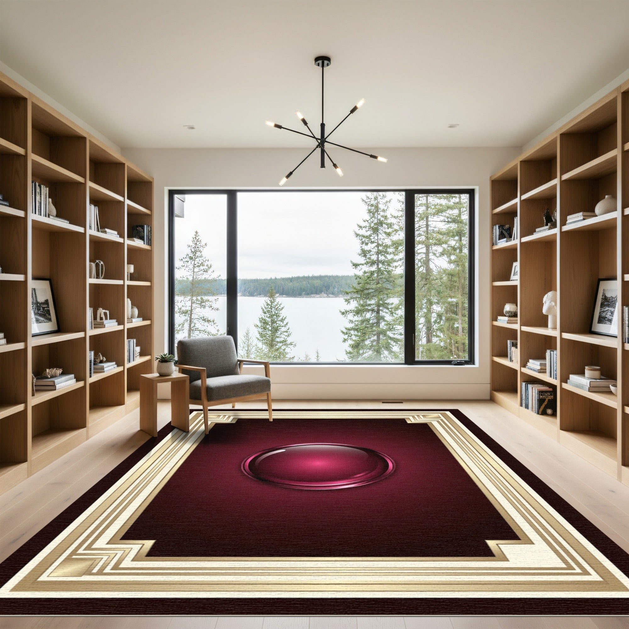 Elegant Burgundy Sphere Ornate Gold Frame Rug