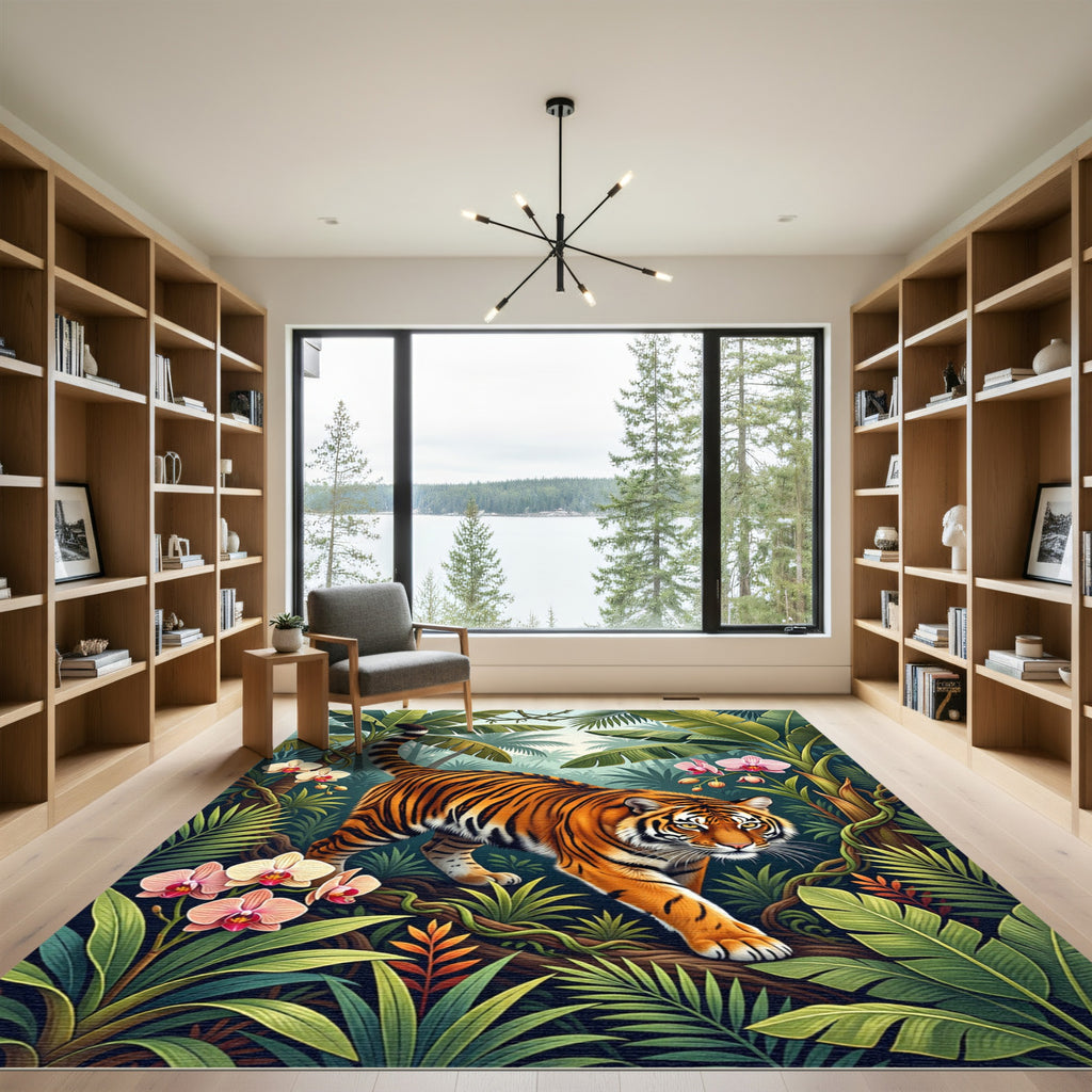 Vibrant Tiger in Tropical Orchid Forest Rug