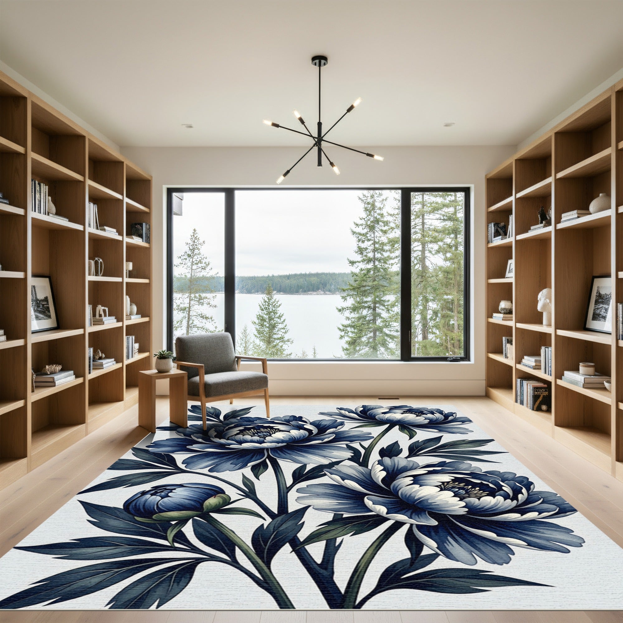 Elegant Navy Peony Botanical Illustration Rug