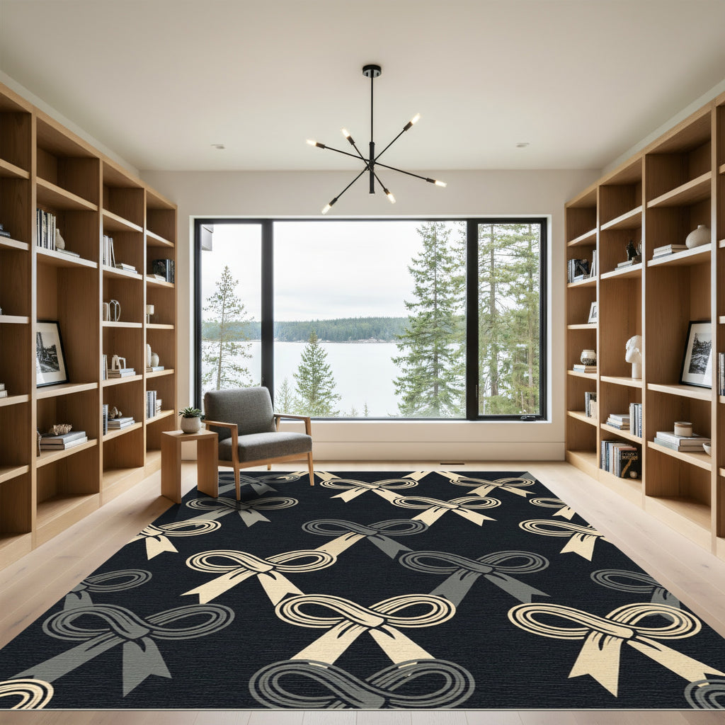 Elegant Cream Bows on Charcoal Background Rug