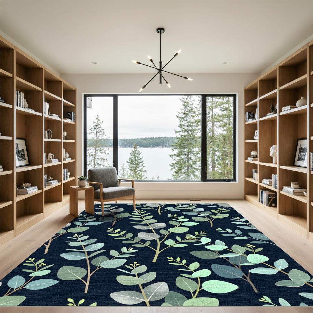 Eucalyptus Foliage Navy Botanical Leaves Rug