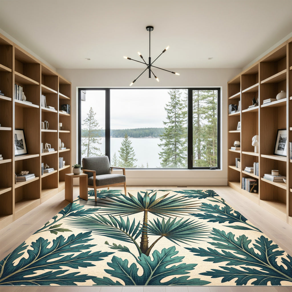 Teal Palm Leaf Botanical Implosion Rug