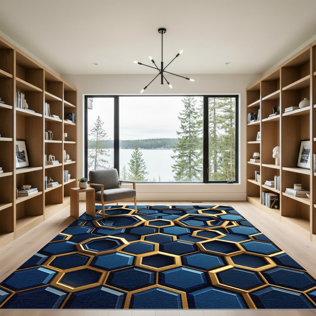 Modern Navy Hexagon Geometric Gold Art Rug