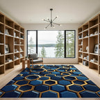 Modern Navy Hexagon Geometric Gold Art Rug