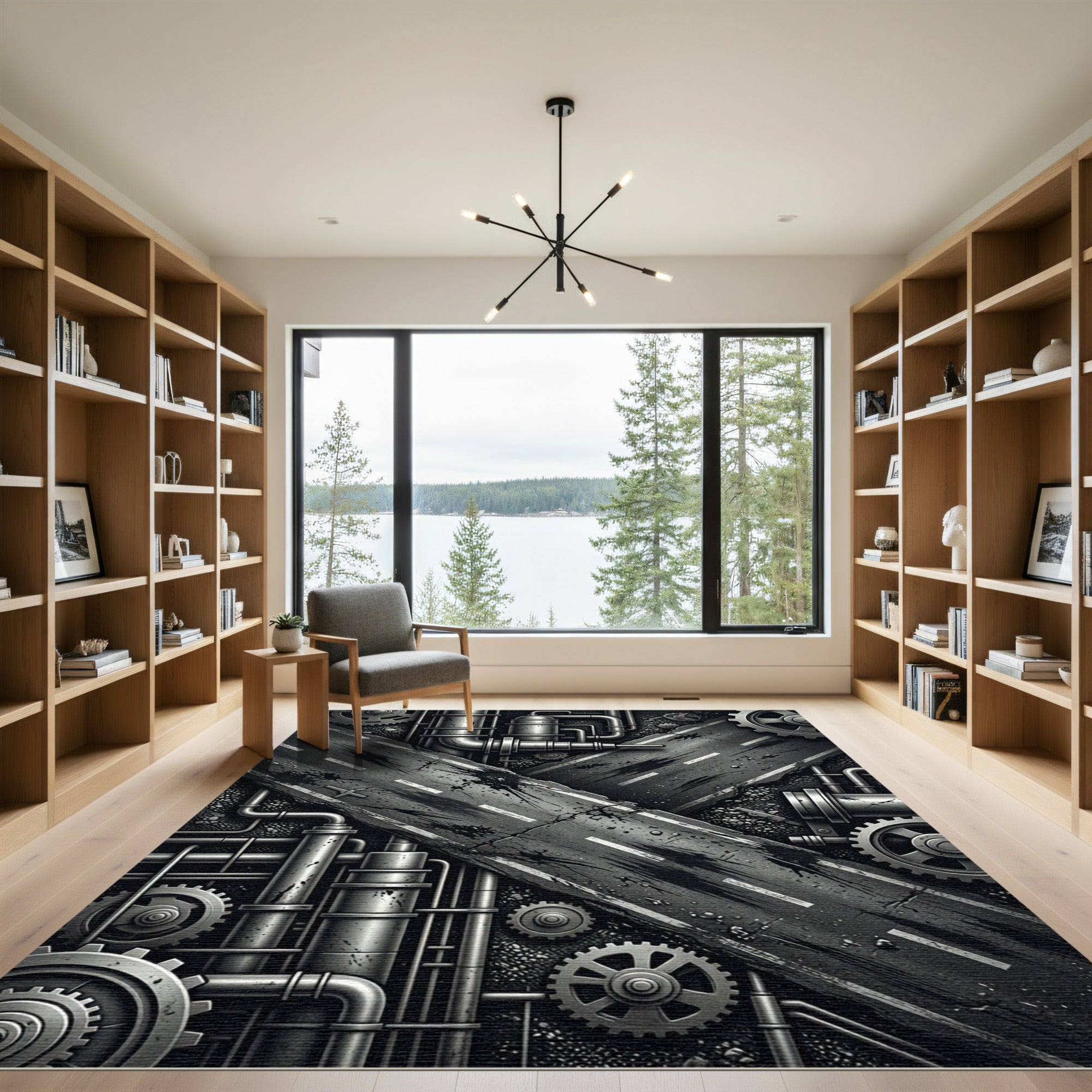 Industrial Grayscale Metal Crossroads Rug