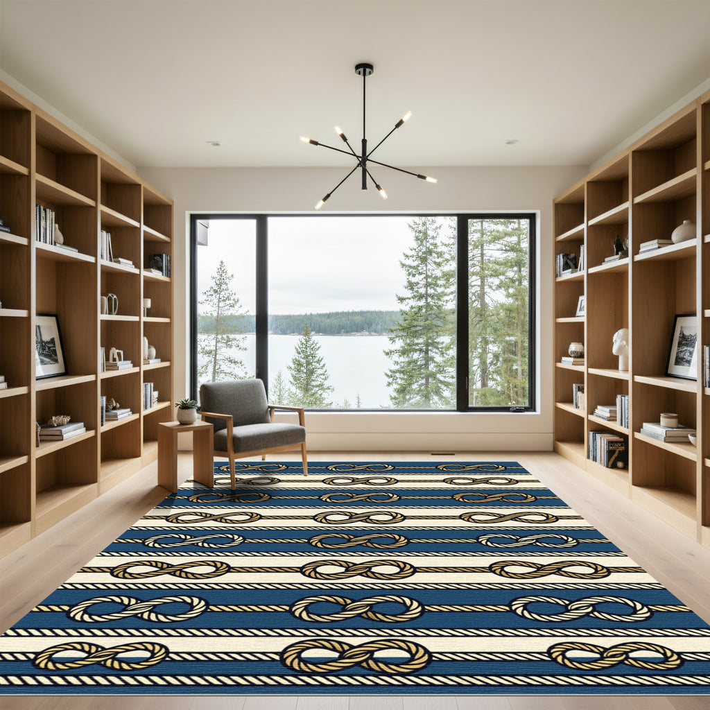 Navy Nautical Rope Infinity Knot Stripe Rug