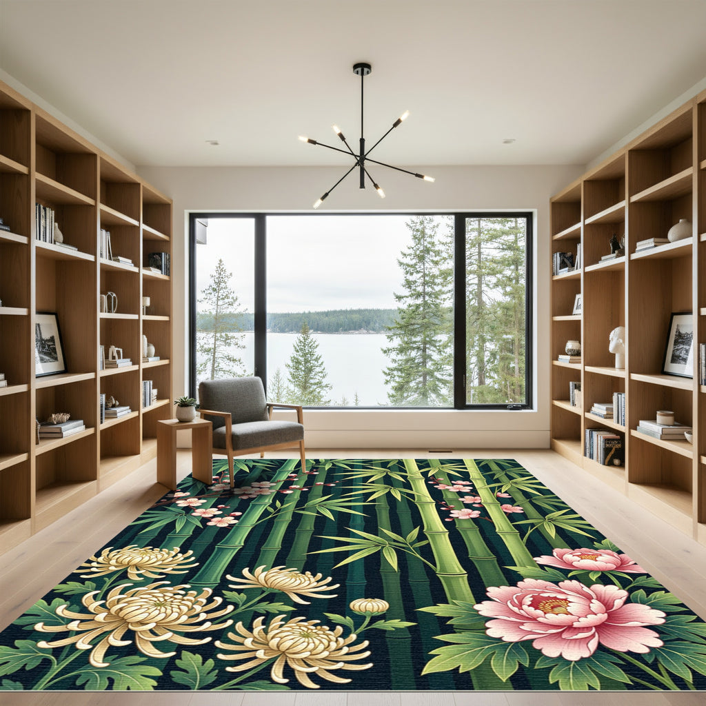 Serene Bamboo Pink Blossom Chrysanthemum Rug
