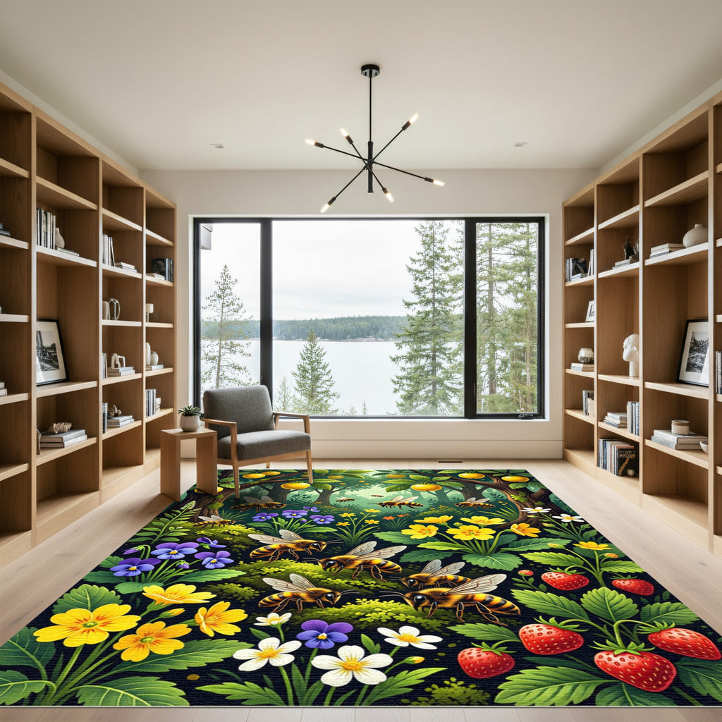 Whimsical Honeybee Garden Meadow Scene Rug