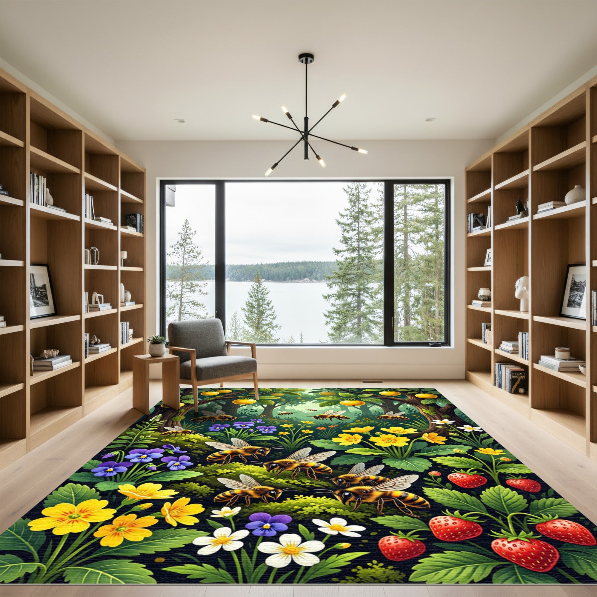 Whimsical Honeybee Garden Meadow Scene Rug