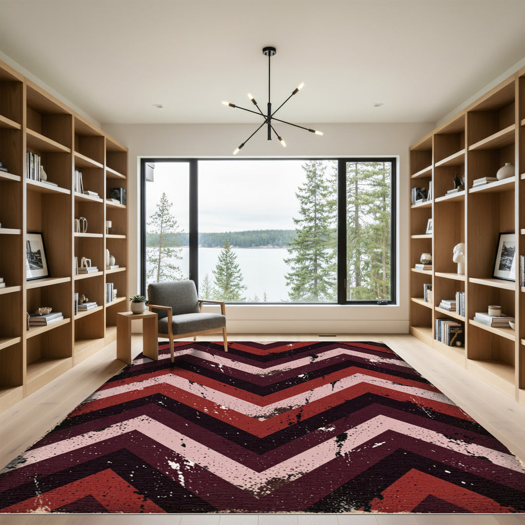 Distressed Burgundy Chevron Stripe Area Rug