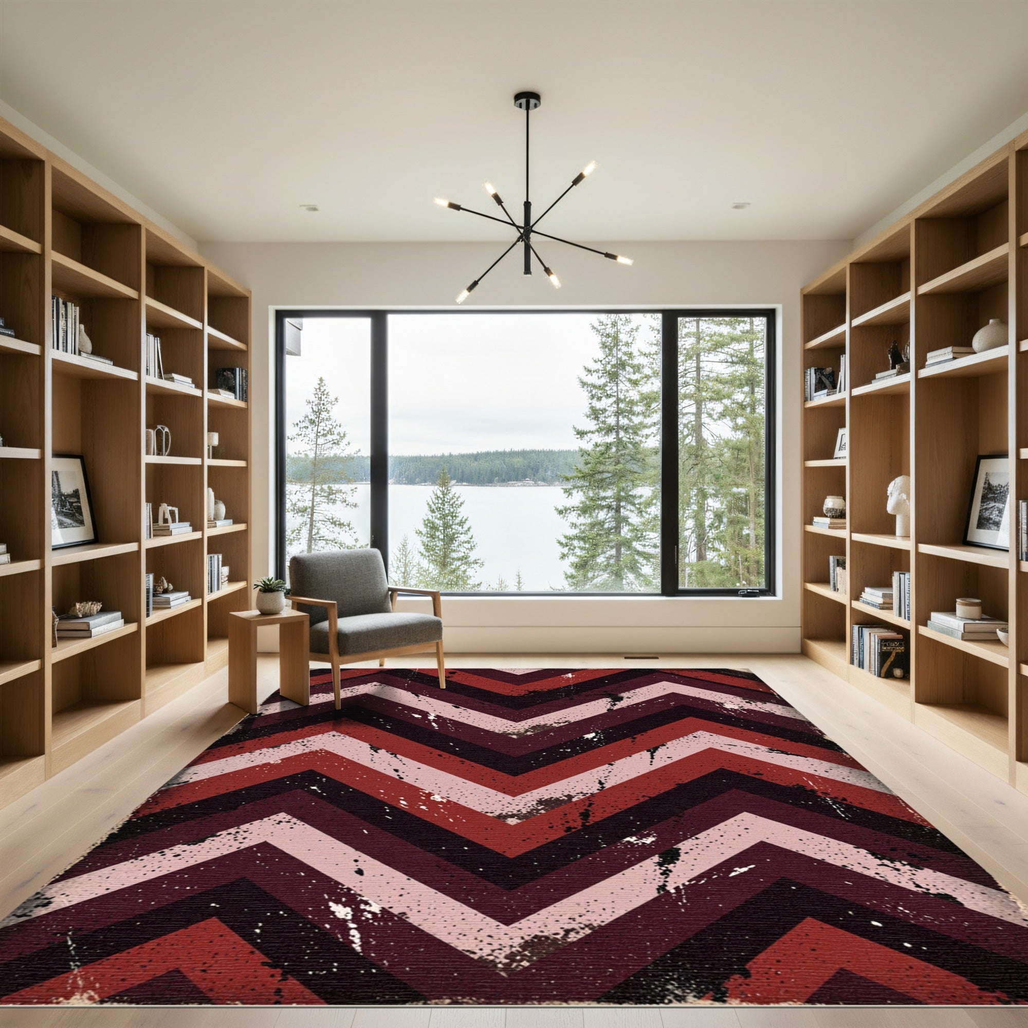 Distressed Burgundy Chevron Stripe Area Rug