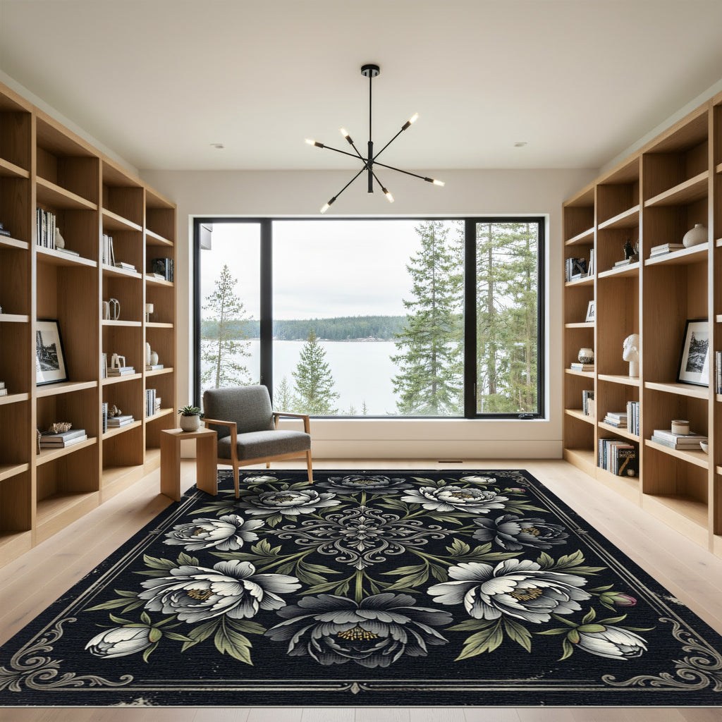 Monochromatic Peony Floral Damask Onyx Rug