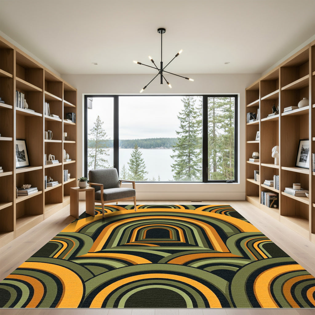 Mid-Century Ochre and Olive Arched Illusion Rug