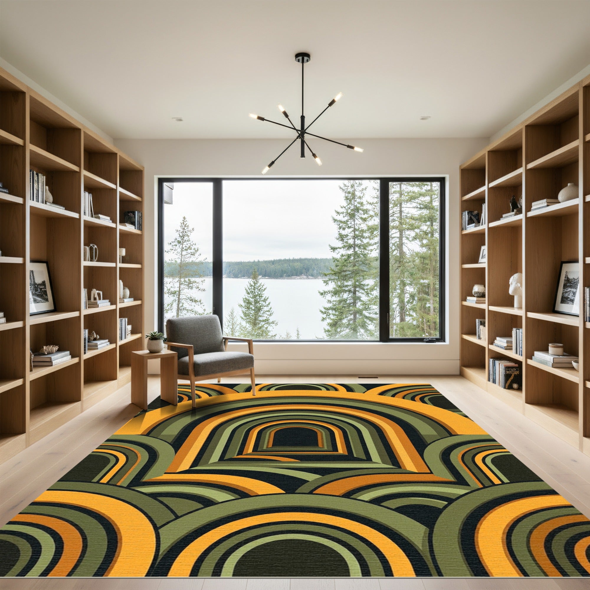 Mid-Century Ochre and Olive Arched Illusion Rug