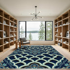 Elegant Navy Teal Arched Damask Art Rug