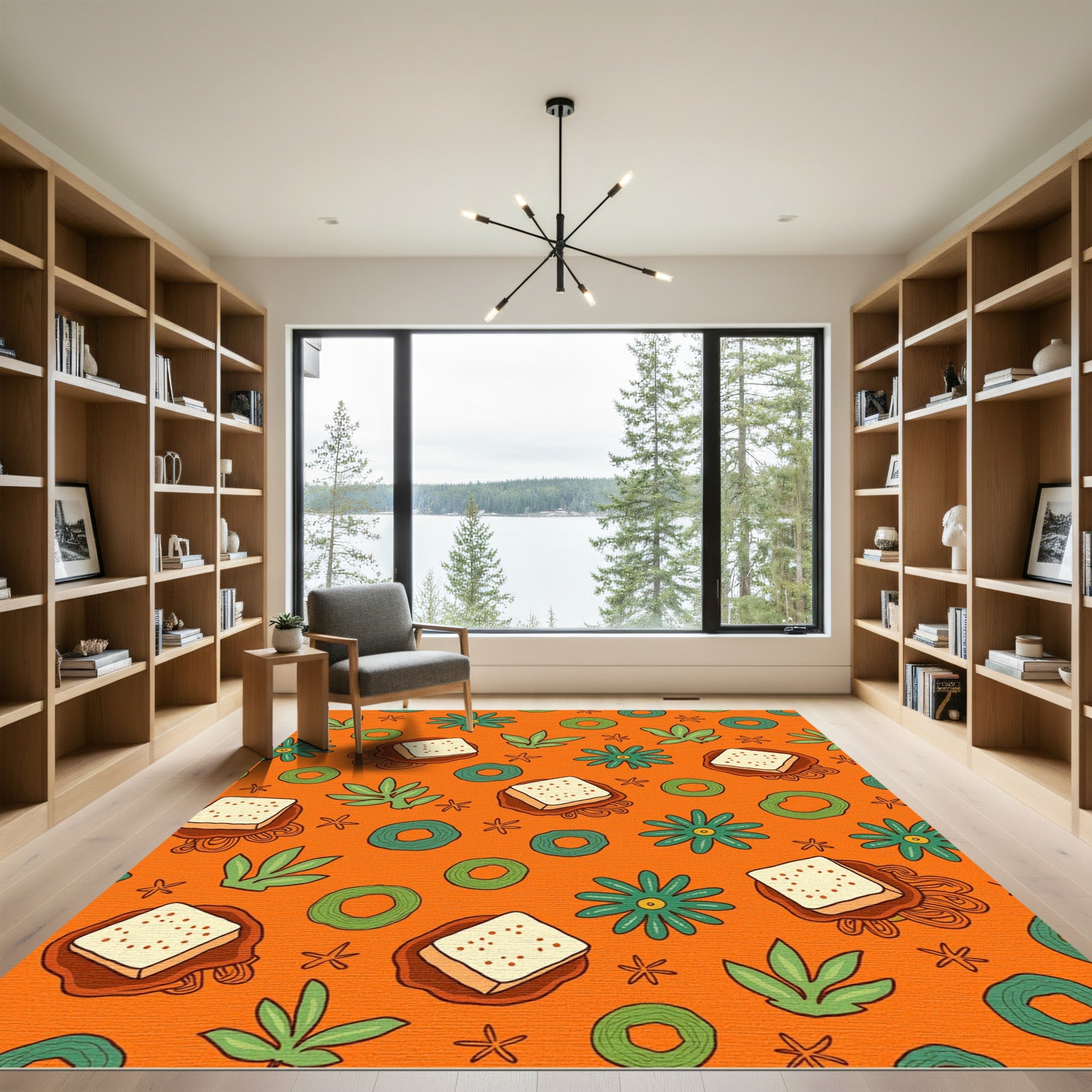 Whimsical Orange Floral Square Arrangement Rug
