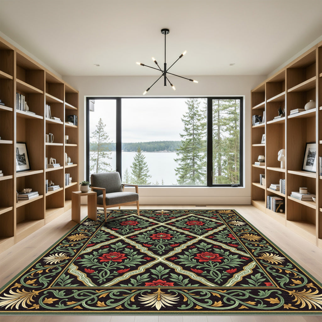 Elegant Black Floral Diamond Lattice Rug
