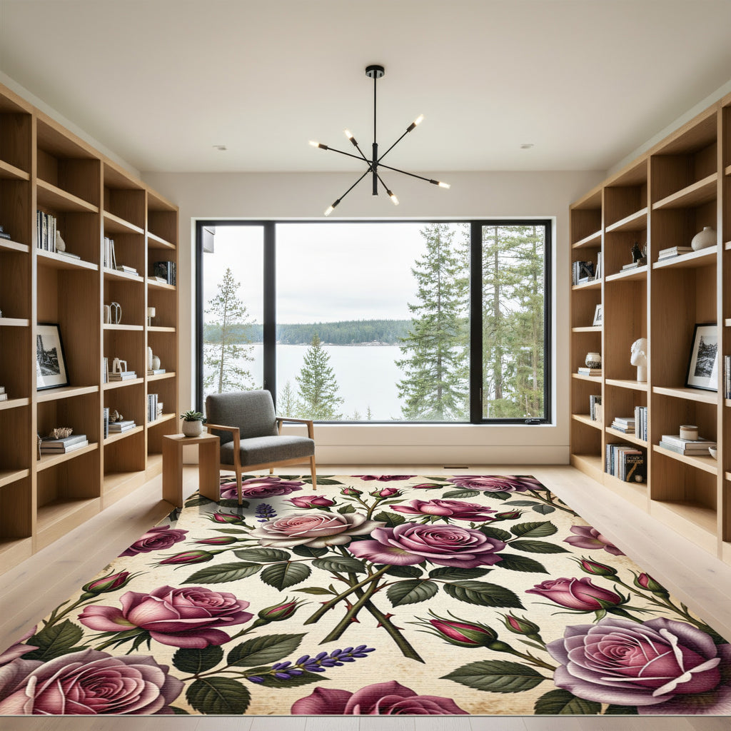 Blushing Rose Floral Botanical Art Rug