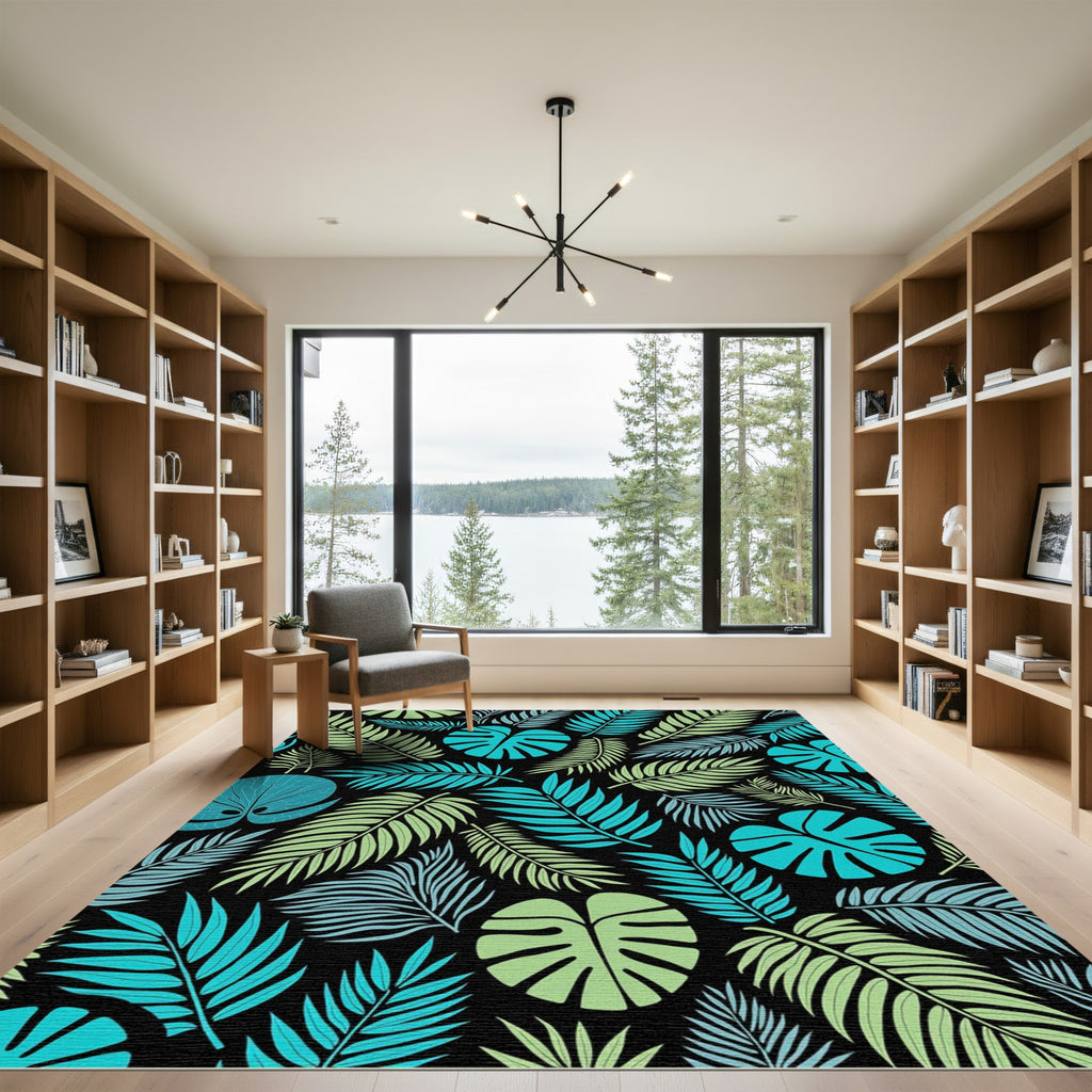 Tropical Fern Leaf Teal Green Rug