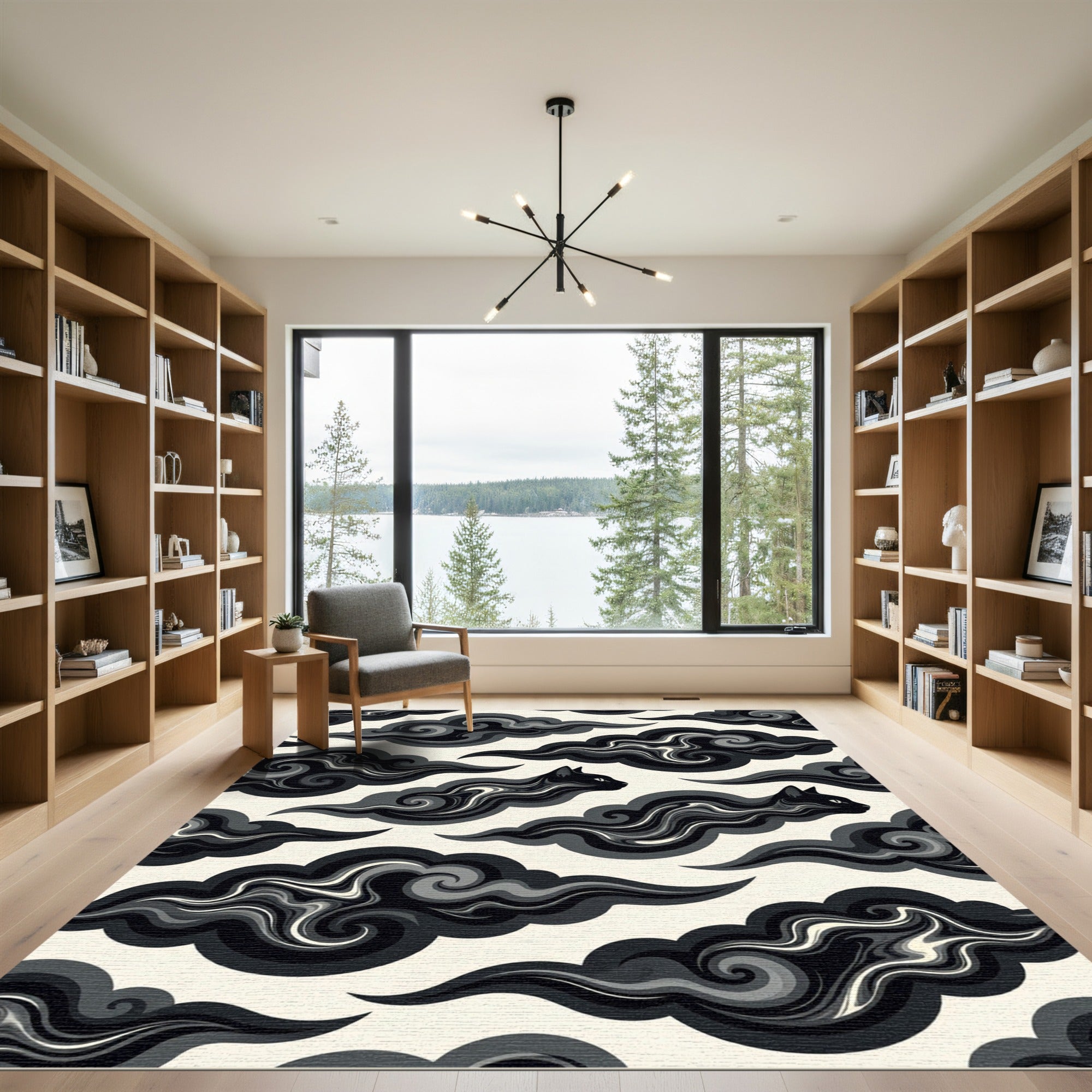 Ethereal Black Cat Swirling Cloud Ink Rug