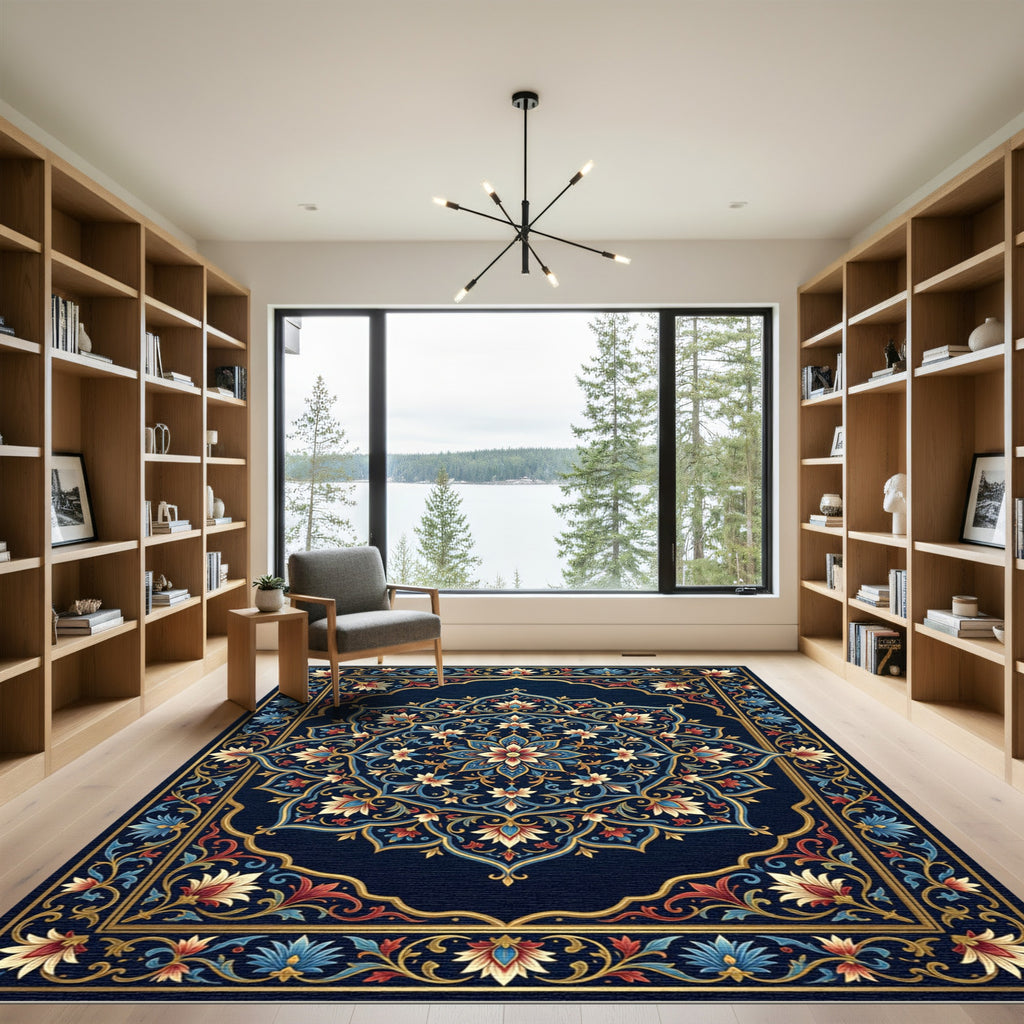 Royal Blue Golden Floral Mandala Rug