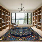 Royal Blue Golden Floral Mandala Rug