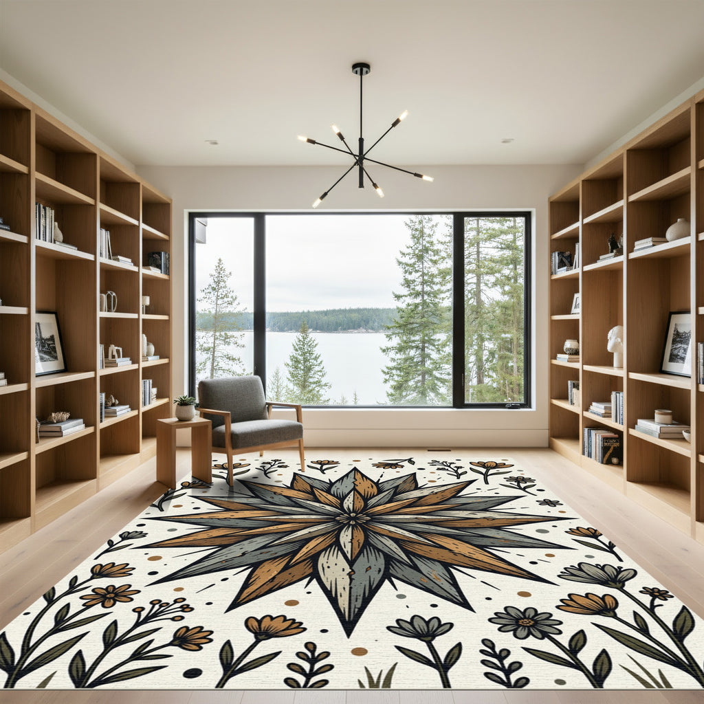 Earthy Starflower Woodcut Floral Illustration Rug
