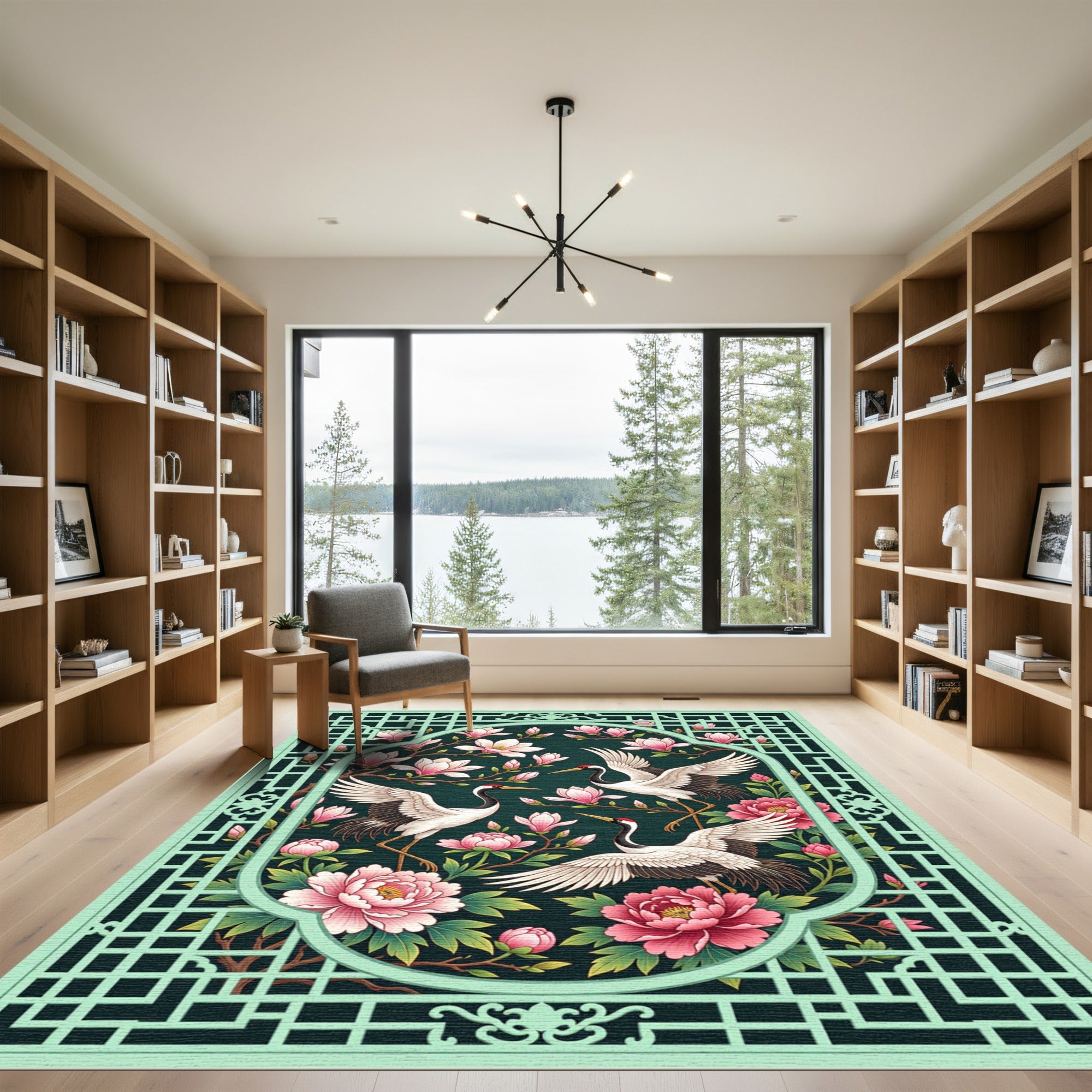 Elegant Crane Magnolia Sage Peony Art Rug