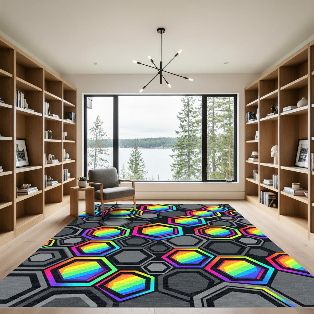 Vibrant Rainbow Geometric Hexagon Mosaic Rug
