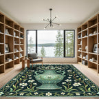 Elegant Teal Floral Vase Ceramic Art Rug
