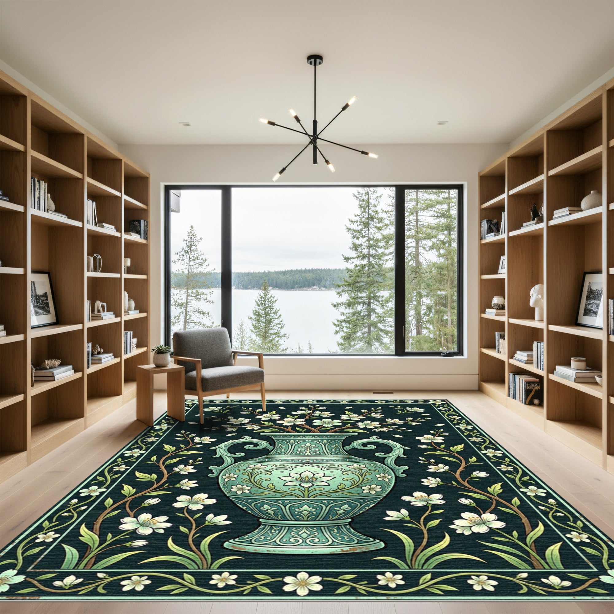 Elegant Teal Floral Vase Ceramic Art Rug