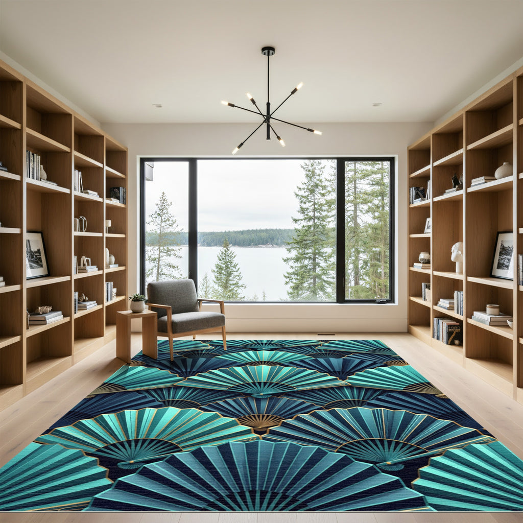 Turquoise Blue Gold Fan Collage Rug