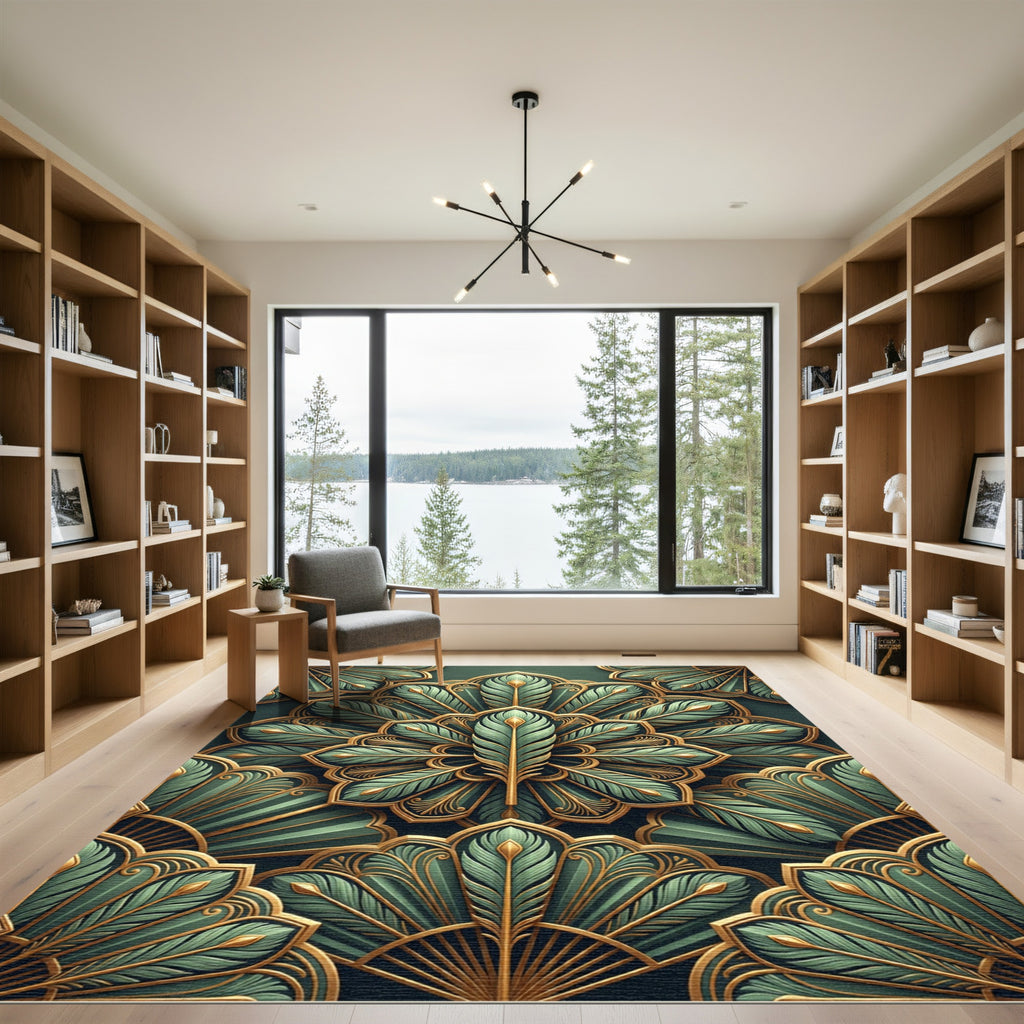 Emerald Gold Feathered Fan Mandala Rug