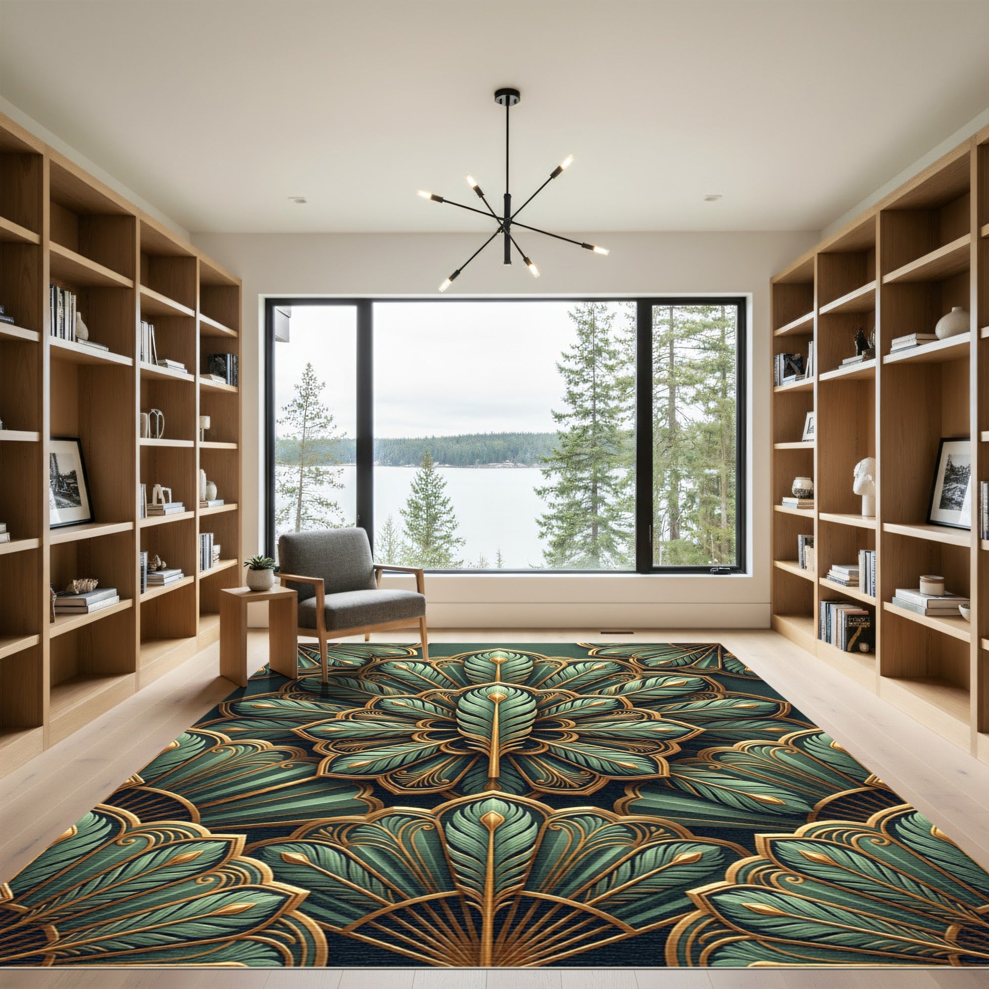 Emerald Gold Feathered Fan Mandala Rug