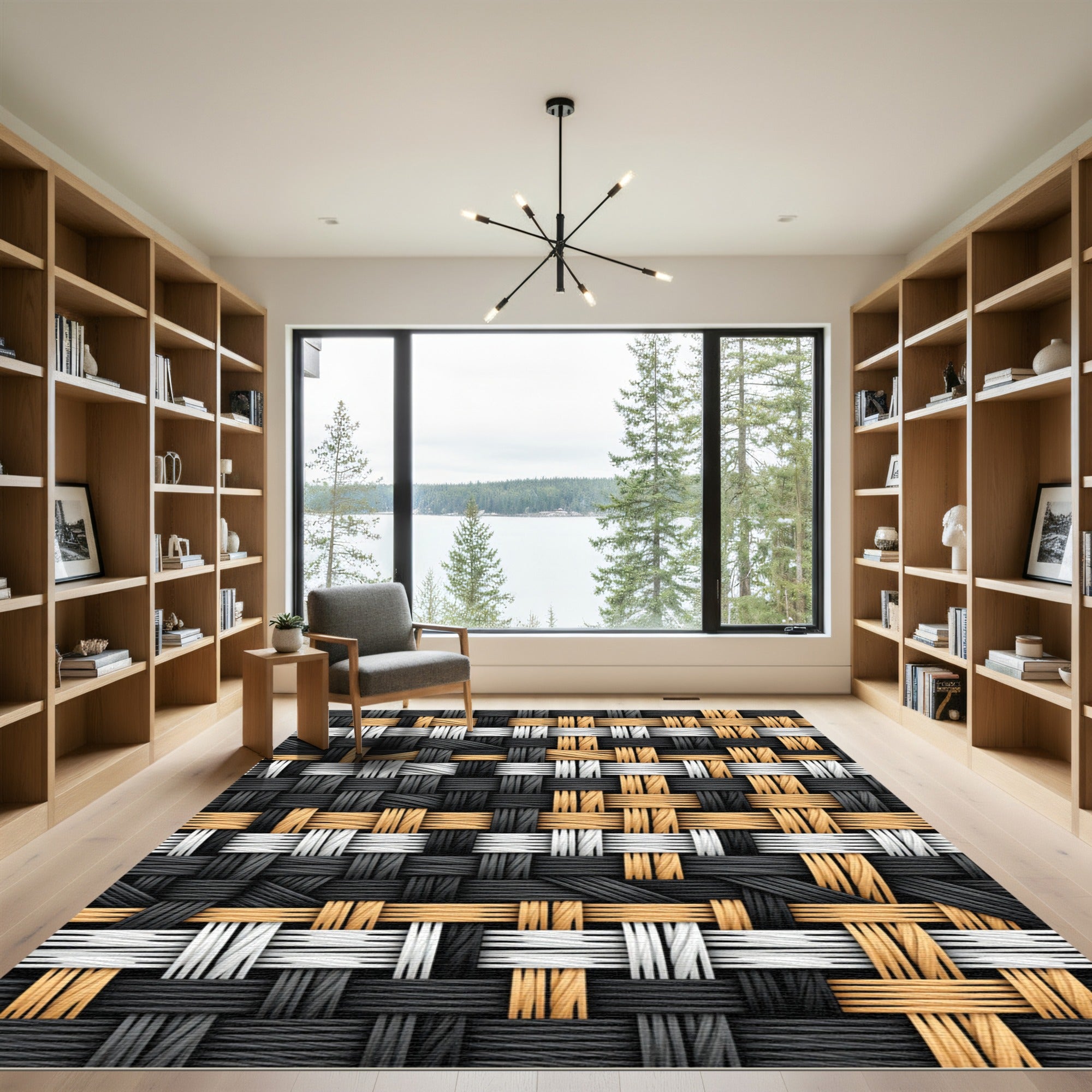 Woven Monochrome Gold Abstract Interlocking Grid Rug
