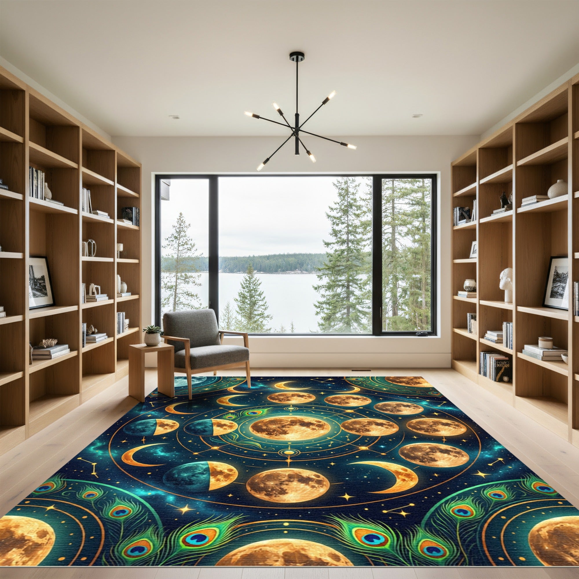 Celestial Lunar Orbit Peacock Feather Art Rug