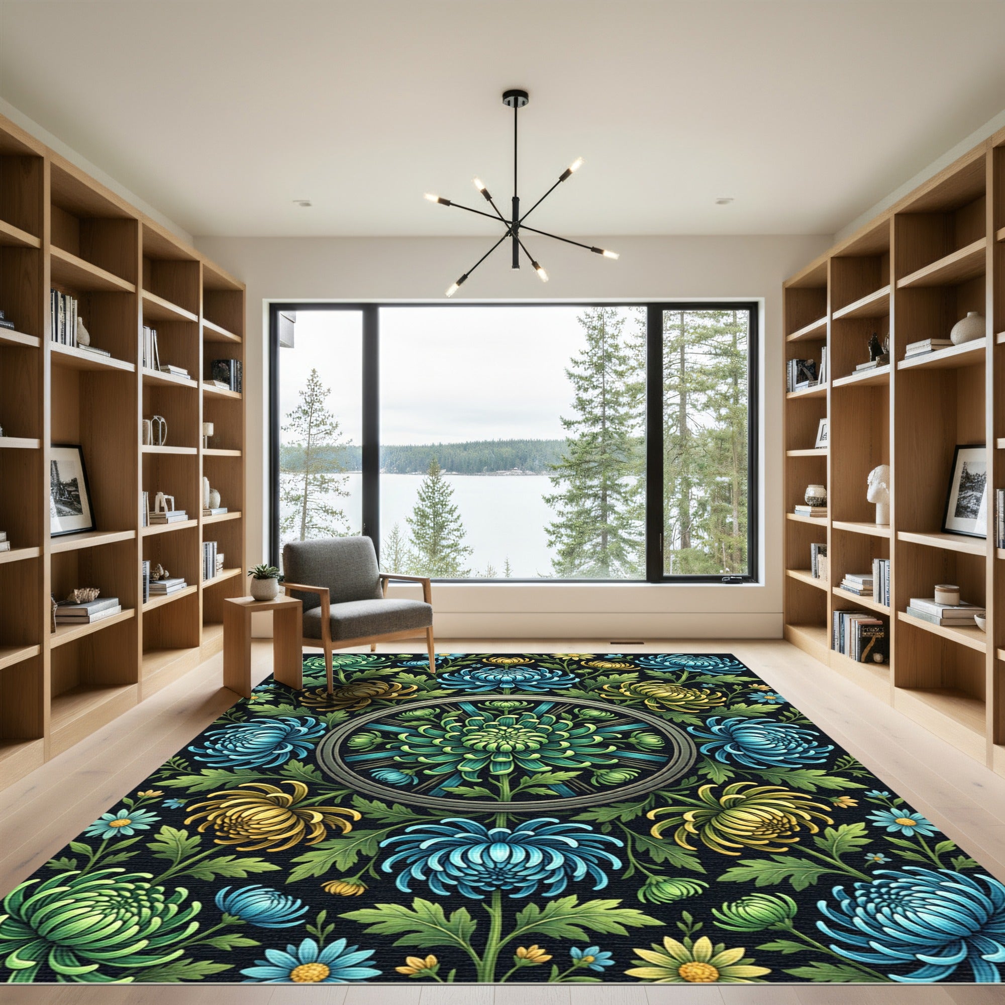 Radiant Blue and Gold Chrysanthemum Medallion Rug